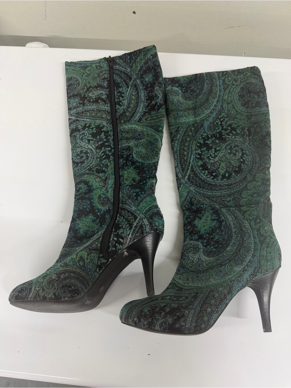 Green Paisley Mid-Calf Heeled Boots